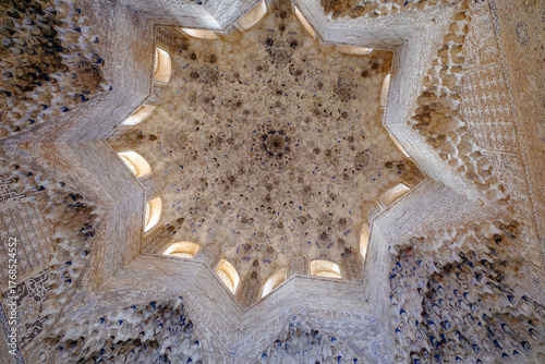 Granada, Spain - 21 Oct 2025: Ceiling of the Hall of the Two Sisters in the Nasrid Palaces of Alhambra, Granada