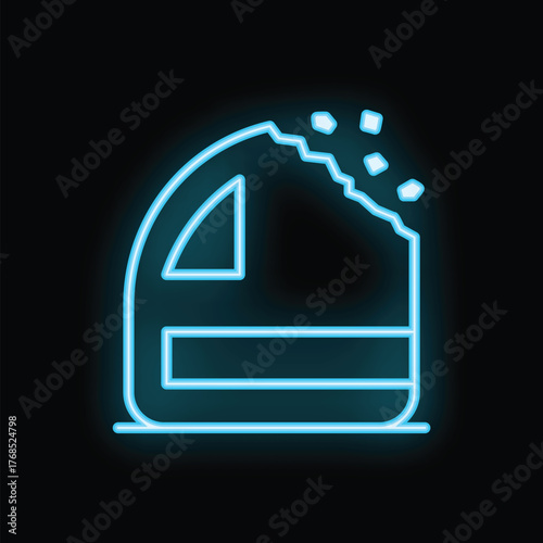 Glowing neon icon of spoiled food product with mold growing on surface, representing concepts of food waste and safety