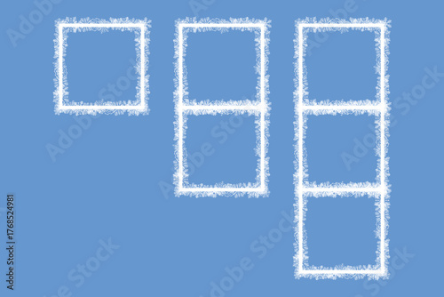 Snowflake photo frame set, snow Christmas New Year decoration, white frame with snowflakes inside, 2026, Happy New Year card border with many snowflakes. Merry christmas festival elegant snowflakes