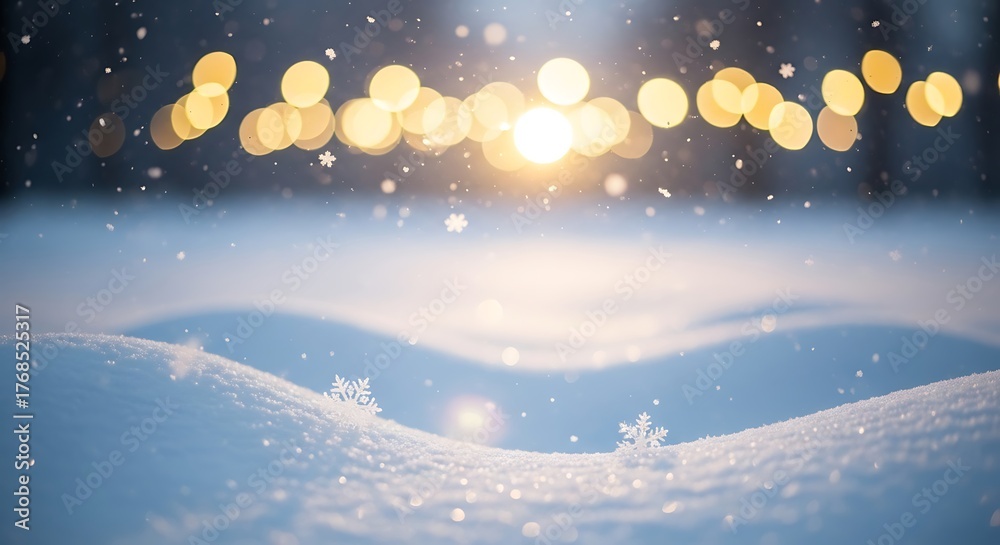 Naklejka premium Soft focus winter wonderland with gentle snowfall and warm bokeh lights in the background