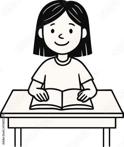 Black and white line art illustration of a smiling girl sitting at a desk reading an open book, representing focus, learning, and education.