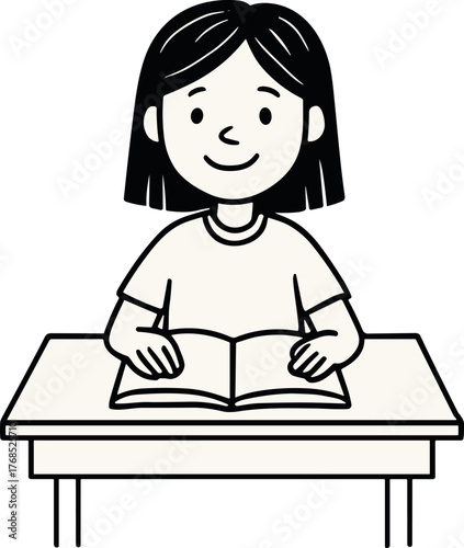 Black and white line art illustration of a smiling girl sitting at a desk reading an open book, representing focus, learning, and education.