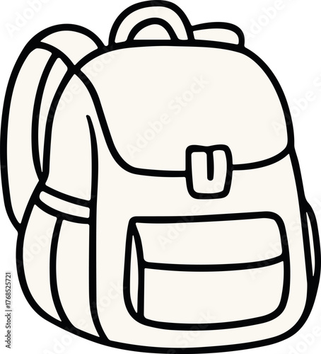 Black and white line art illustration of a school backpack with pockets and straps, symbolizing learning, school life, and student essentials.