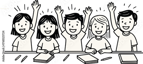Black and white line art illustration of five cheerful students sitting at a desk, raising their hands enthusiastically while smiling and learning together.