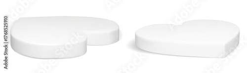 3d heart product podium. Valentine white display stand set for showcase room. Realistic floating platform. Minimal empty presentation banner. Abstract cute and modern cosmetic studio show base.