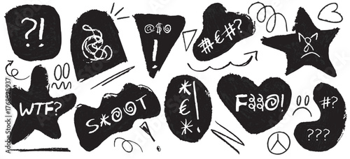 Angry speech bubble with swear word and scribble. Grunge chalk frame element with text. Comic crayon with punk mood and offense message. Gossip communication balloon with doodle charcoal arrow.