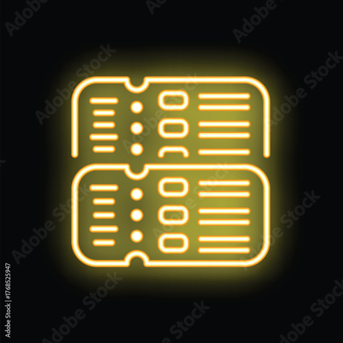Neon yellow icon of two tickets glowing against a black background
