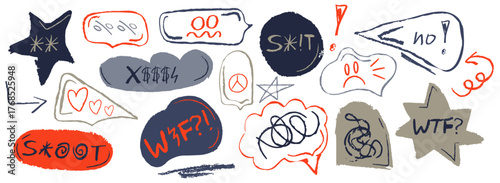 Angry swear bubble. Chalk hand drawn line element with scribble and rude text vector. Grunge rock roll frame with hate and gossip paint communication. Star, arrow, peace and cross with comic brush.