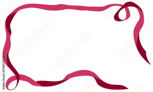 Coquette pink ribbon frame. Vintage whimsical border for Christmas card. Cute lace valentine or birthday invite graphic. Dainty aesthetic minimalist postcard on romantic design. Wavy feminine element.