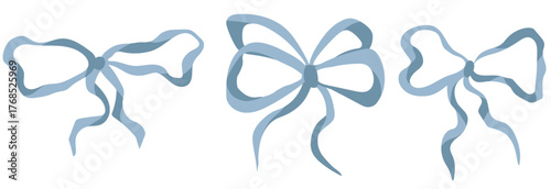 Blue ribbon bow vector. Coquette drawn clipart for cute fashion illustration. Whimsical band flirtatious aesthetic. Valentine hair beauty or satin ballet knot set. Elegant decorative french stripe.