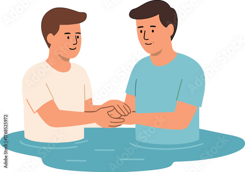 An illustration of a baptism ceremony showing two men standing in water, symbolizing faith, renewal, and spiritual commitment.
