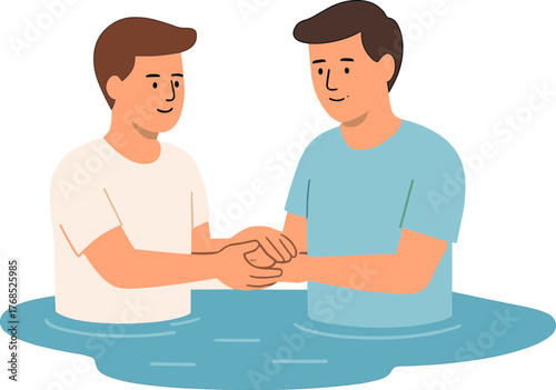 An illustration of a baptism ceremony showing two men standing in water, symbolizing faith, renewal, and spiritual commitment.