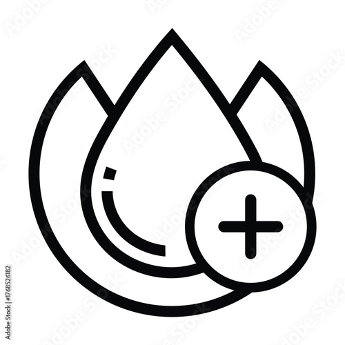 Abstract water drop icon symbolizing hydration and purity with a plus sign for added benefit