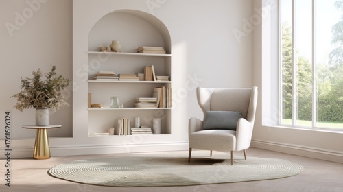 cozy reading nook with oval rug, armchair with arms, neat shelf with few books, calm light, no clutter