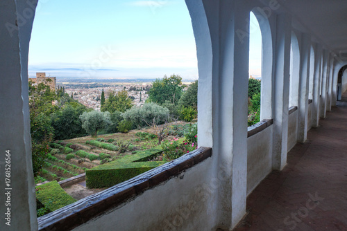 Granada, Spain - 21 Oct 2025: View to Alcazaba from The Palacio de Generalife, La Alhambra, Granada