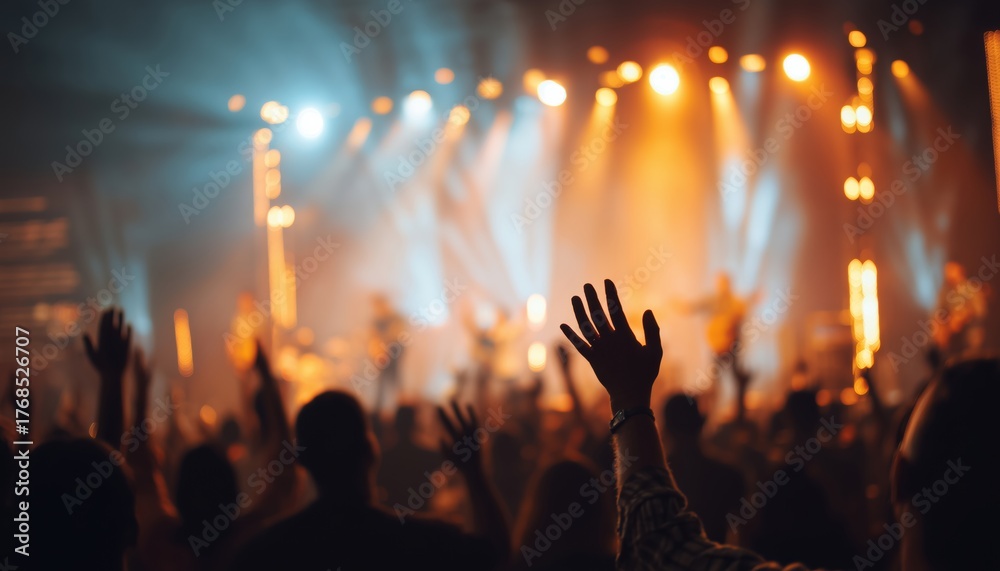 Fototapeta premium Christian Worship In Church Hall: Blurred Image Captures Believers Praising God With Raised Hands At Music Concert On Stage.