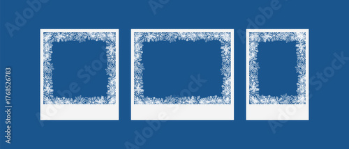 Snowflake photo frame set, snow Christmas New Year decoration, white frame with snowflakes inside, 2026, Happy New Year card border with many snowflakes. Merry christmas festival elegant snowflakes