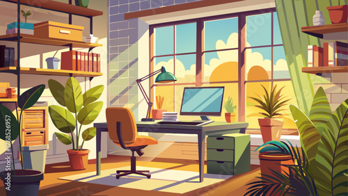 Vector of home office with large window and sunlight, modern desk, plants, bright cozy design, minimalist style, natural interior lighting, clean calm atmosphere