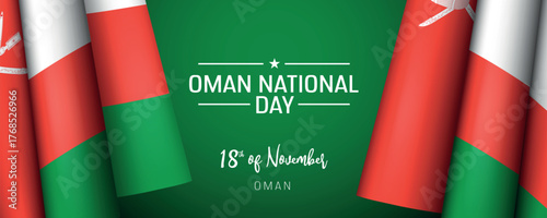 Oman national day vector banner, greeting card. Omani wavy flag in 18th of November national patriotic holiday horizontal design