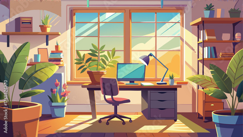 Vector of home office with large window and sunlight, modern desk, plants, bright cozy design, minimalist style, natural interior lighting, clean calm atmosphere