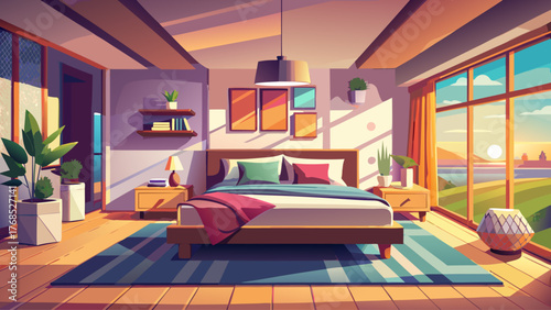 Realistic vector of bedroom with soft daylight, large window view, modern bed, minimal furniture, bright calm atmosphere, warm tones, contemporary interior design