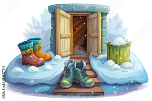 Pair of snow boots with gloves on snowy doorstep representing adventure and return from winter walk