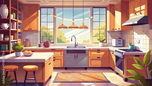 Vector of kitchen interior with natural sunlight from window, modern furniture, marble countertop, wooden cabinets, bright cozy mood, detailed reflections, elegant and minimalist design