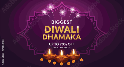 Diwali sale banner, festive discount promotion, purple background, oil lamps, marigold flowers, fireworks, biggest dhamaka, 70% off, Hindu festival