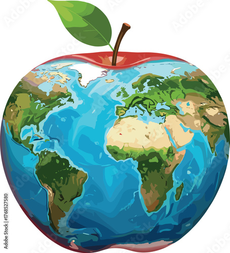 Earth apple illustration, global food concept, sustainability symbol, red apple with continents, nature and planet fusion, vector artwork, editable design