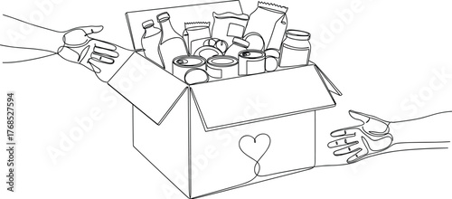 Food donation box line art, charity care package sketch, helping hands illustration, black and white vector, editable community support design