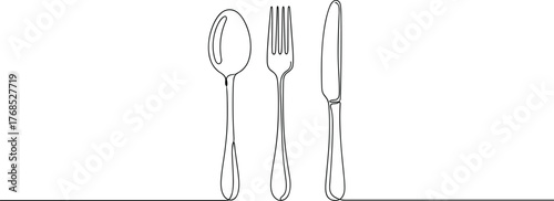 Minimalist cutlery line art, spoon fork knife illustration, continuous line drawing, black and white vector, editable kitchen design