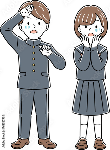 驚きと困惑の表情の制服姿の男女の学生のイラスト　全身