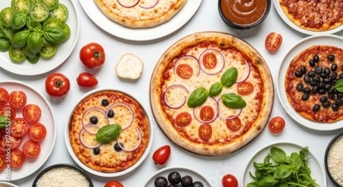 Overhead shot of multiple pizzas with various toppings and ingredients arranged on a white surface