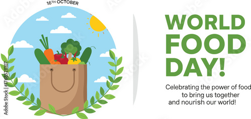 World Food Day poster, October 16 celebration, healthy vegetables, grocery bag, food unity, nutrition awareness, laurel wreath, sun sky