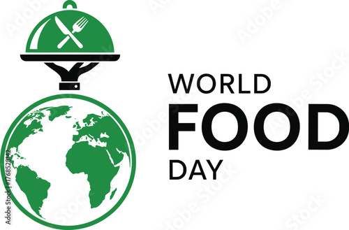 World Food Day poster, global food awareness, green earth illustration, serving tray concept, editable vector design, sustainable dining symbol