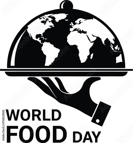 World Food Day vector, globe on tray, hunger awareness, global nutrition, black and white illustration, food service, international concept