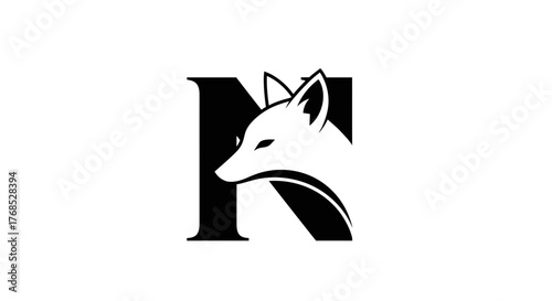 Black and white fox head inside capital letter N flat illustration logo design