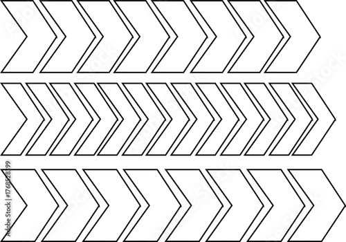 A black and white graphic illustration featuring three rows of repeating chevron arrow patterns pointing to the right.