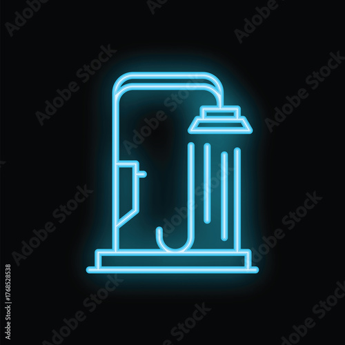 Blue neon sign of a public shower glowing on a black background