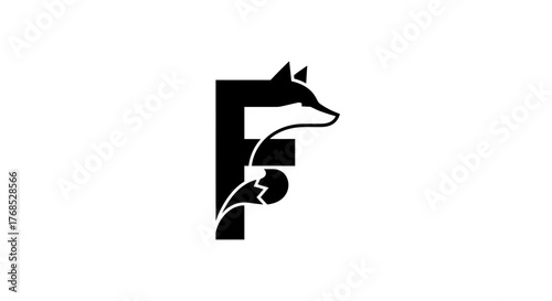 Black geometric fox head combined with capital letter F flat illustration