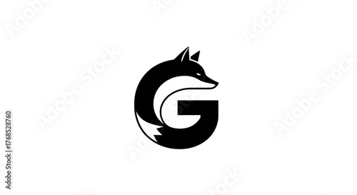 Minimalist black fox head integrated into the letter G flat illustration