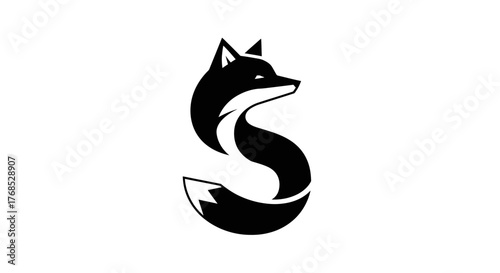 Monochromatic stylized black fox logo forming the letter S flat illustration