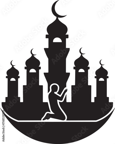 Silhouette of a muslim person praying in front of a grand mosque under a crescent moon silhouette