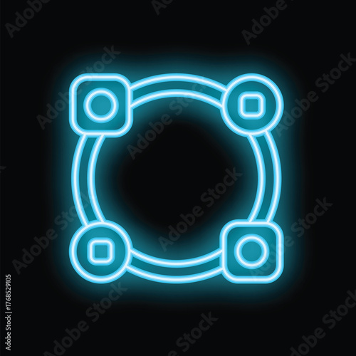 Glowing neon blue connected circles forming a network, representing concepts such as blockchain, internet of things, or teamwork