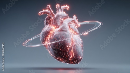 Futuristic glowing heart made of digital wireframe with orbiting neon energy rings in 3D space