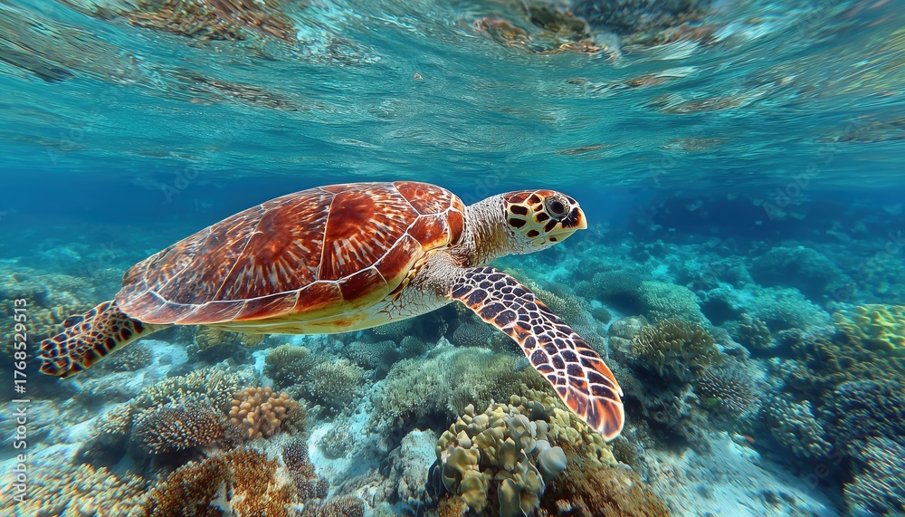 Fototapeta premium Hawksbill Turtle Underwater Gliding In Maldives Indian Ocean Coral Reef: Eretmochelys Imbricata'S Subaquatic Journey