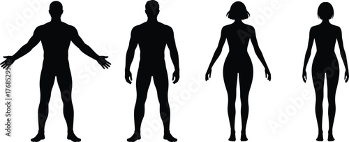 Human silhouette icons, male and female figures, anatomical shapes, black body outlines, gender comparison graphics, minimal design, vector people set