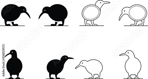 Kiwi bird silhouette icons, black and outlined styles, vector illustrations, nature symbols, minimal design, wildlife graphics, taxonomy, flightless bird, animal shapes
