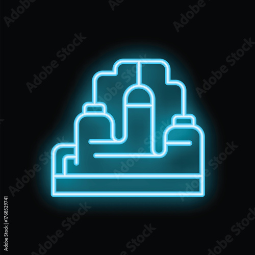 Glowing neon icon representing an industrial factory processing raw materials on a black background