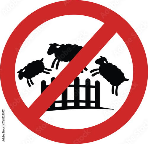 No sheep jumping symbol, sleep metaphor ban, humorous insomnia concept, black silhouette illustration, red prohibition sign, isolated white background, visual pun art